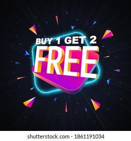 Buy one get one free vector isolated design elements with neon effect. Best offer shopping template on dark background.