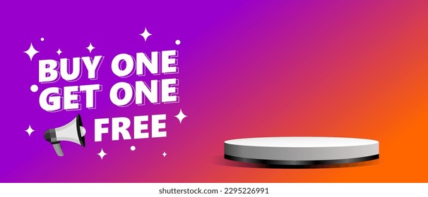 Buy one get one sale banner template with stage podium product space. Gradient Purple and orange background Vector illustration. Can used for business store event.