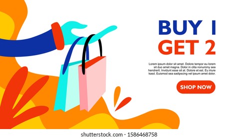 Buy one get two landing page and interface with floral for promotion.
Colorful pattern with white background for web banner special offer, print material and publication.
