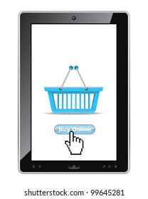 Buy online button on tablet pc realistic vector illustration.