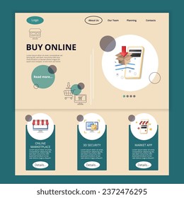 Buy online flat landing page website template. Online marketplace, 3d security, market app. Web banner with header, content and footer. Vector illustration.
