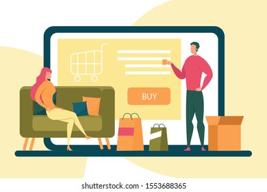 Buy Online from Home Banner. Cartoon Woman Sit on Couch with Shopping Bag. Digital Screen with Shopping Cart. Purchase at Internet Shop, Smartphone App. Mobile Phone Wireless Payment