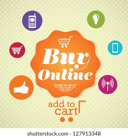 Buy Online label, Retro colors icons. On vintage background