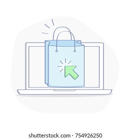 Buy Online in One Click, Make Order, Online Purchasing concept. Cute Cartoon Shopping Bag with laptop. Flat outline icon vector concept. E-commerce template.