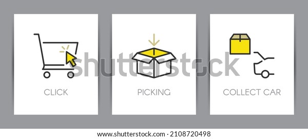 Buy online,
order picking and collect with your car. Web page template.
Metaphors with icons such as clicking in a shopping cart, order
preparation and collect the box with a
car.