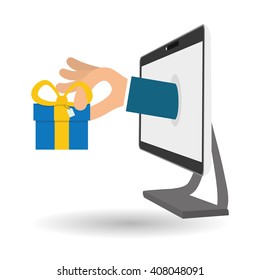Buy online over white background, hand on screen computer