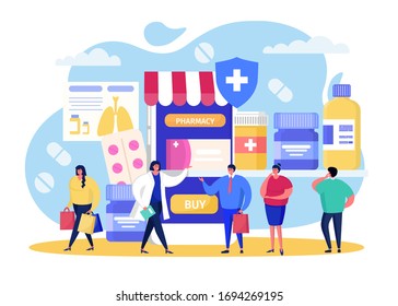 Buy in online pharmacy vector illustration. Cartoon flat tiny people buying pills in drugstore, using smartphone app, pharmacist character advising aid. Healthcare mobile medicine isolated on white