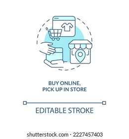 Buy online and pick up in store turquoise concept icon. Good client service tip abstract idea thin line illustration. Isolated outline drawing. Editable stroke. Arial, Myriad Pro-Bold fonts used