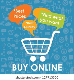 Buy Online poster with text bubbles. On dark blue background