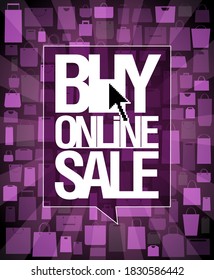 Buy online sale vector poster with paper bag symbols on a purple backdrop