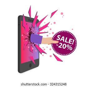 Buy online with sales concept. Isometric vector illustration. The hand with the sales tag appears through broken screen of the smartphone.