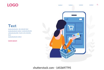 Buy online shop, mobile shopping. Vector illustration for web banner, print, infographics, mobile website. Landing page template.