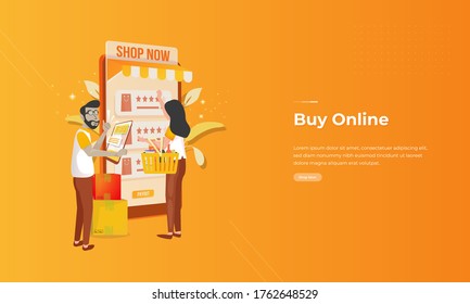 Buy online for online shopping concept, A woman shops online by selecting items on mobile screen of an online store application