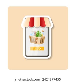 Buy online sticker illustration. Screen, basket, products, plant. Editable vector graphic design.