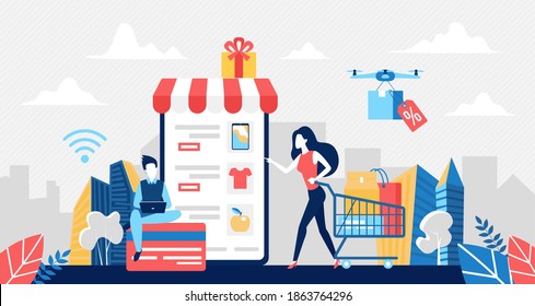 Buy in online store, sale concept vector illustration. Cartoon tiny customer woman character holding shopping cart with bags purchases, buying clothes and food, using smartphone mobile app background