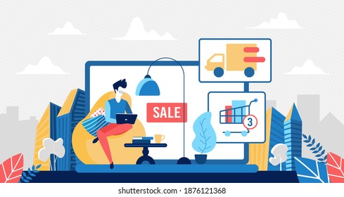 Buy in online store, stay at home concept vector illustration. Cartoon tiny customer buyer man character sitting with laptop in home armchair and shopping, buying goods in retail shop app background