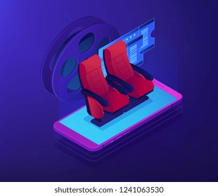 Buy or order cinema tickets online with smartphone, movie comfortable seats. Buying tickets online, e-commerce shopping , internet booking concept. Ultraviolet neon vector isometric 3D illustration.