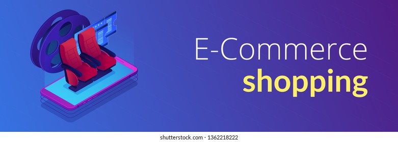 Buy or order cinema tickets online with smartphone, movie comfortable seats. Buying tickets online, e-commerce shopping , internet booking concept. Isometric 3D banner header template copy space.