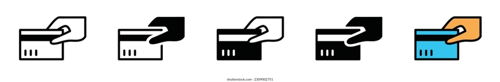 Buy or pay by credit card icon in line, flat, and color style on white background with editable stroke for apps and websites. Hand holding a credit card symbol. Vector illustration