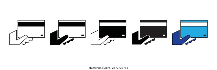 Buy or pay by credit card icon in line, flat, and color style on white background with editable stroke for apps and websites. Hand holding a credit card symbol. Vector illustration