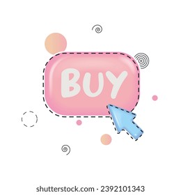 Buy pink glossy button with blue  arrow. Colorful circles and dotted lines on white background. Vector illustration.