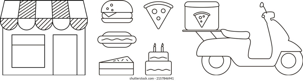 Buy pizza, cake, Hamburger, hot dog online, icon design