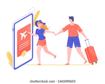Buy plane tickets online, online mobile application ticket sale, trip to the sea concept, vacation together, a girl and a young man with Luggage character flat people vector