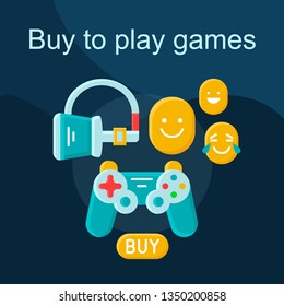 Buy to play flat concept vector icon. Digital entertainment idea cartoon color illustrations set. Play virtual reality games. VR headset, joystick. Isolated graphic design element