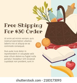 Buy products, accessories and bags online in store. Free shipping for orders. Handbag with meal, juice and bread baguette, fruits. Promotional banner, advertisement poster. Vector in flat style