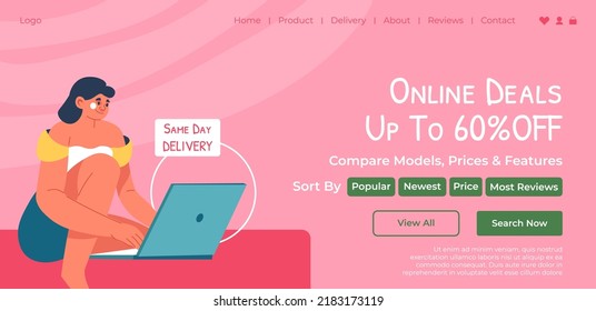 Buy products online, deals up to sixty percent, compare models, prices and features. Advertisement of store devices and equipment. Website landing page template, internet site. Vector in flat style