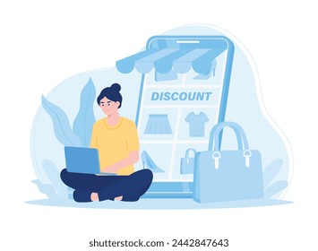 Buy products online using a laptop trending concept flat illustration