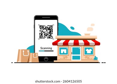 Buy products and pay with mobile phone scan, Vector illustration.
