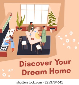 Buy property, discover your dream home and handle mortgage and loan. Purchasing building for future living, apartment or dwelling in sale. Banner or advertisement promotion. Vector in flat style