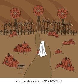 Buy a pumpkin to celebrate this event and decorate it for the Halloween holiday. The ghost is playing trick-or-treat. Vector illustration for a postcard for All Saints' Day. Trick with a treat.