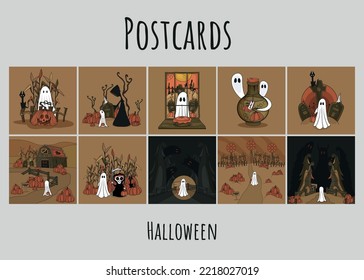 Buy a pumpkin to celebrate this event and decorate it for the Halloween holiday. Ghost and death are playing trick-or-treat. Vector illustration for a postcard for All Saints' Day. Trick with a treat.