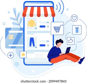 Buy purchase in internet shop, read review and buying. Online application commerce, technology e-commerce to marketing for mobile store, vector illustration