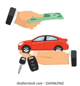 Buy, Purchase Or Rental Car Concept With Flat Icons. Hand Holding Car Keys, Other Hand Gives Money. Isolated Vector Illustration