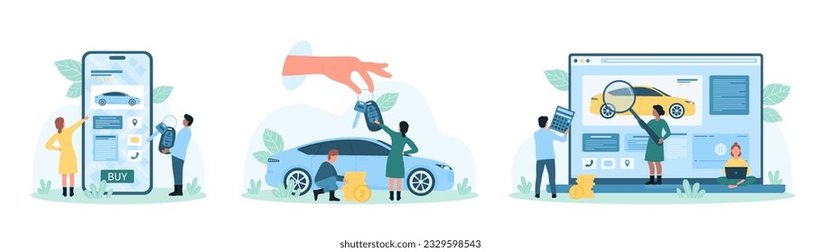 Buy or rent car set vector illustration. Cartoon tiny people with magnifying glass check online classifieds of dealers or owners in automobile market service, man holding vehicle key and gold coins