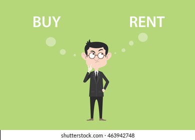 buy or rent concept with businessman standing confuse to choose between two option vector graphic illustration