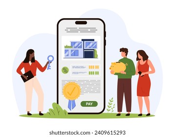 Buy or rent home using mobile app in phone, investment in property. Tiny family people hold piggy bank to pay agent or landlord for real estate online, realtor with key cartoon vector illustration