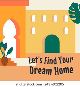 Buy or rent house or apartment, real estate agent or broker services. Choose building to procurement. Lets find your dream home. Advertisement for selling and purchasing. Vector in flat style