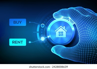 Buy or Rent house decision. Buying or renting. Choice between buying and tenancy. Real estate property concept. Wireframe hand turning a knob to switch from Buy to Rent option. Vector illustration.