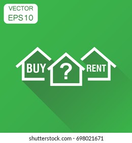 Buy or rent house dilemma icon. Business concept home pictogram. Vector illustration on green background with long shadow.