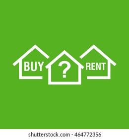 Buy or rent house. White home symbol with the question. Vector illustration in flat style on colourful green background.