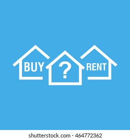 Buy or rent house. White home symbol with the question. Vector illustration in flat style on colourful blue background.