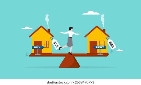 buy or rent, making decision for owning property and real estate, businesswoman standing on seesaw confuse to choose to buy or rent a house home apartment concept vector illustration