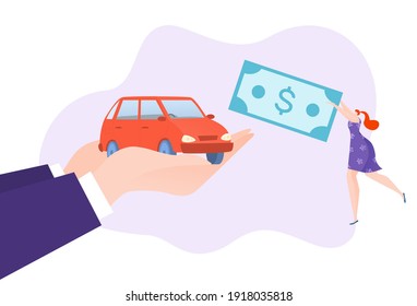 Buy Or Rent New Car, Vehicle Dealer, Successful Barter, Bargain, Luxury Automobile, Design Flat Style Vector Illustration. Woman Happy Buyer, Profitable Transport Business, Lucky Purchase, Auto Show.