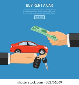 buy or rental car concept with flat icons. hand holding car keys, other hand gives money. Isolated vector illustration.
