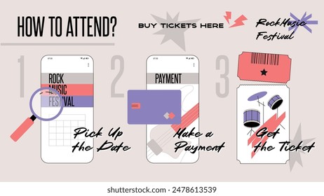 Buy rock festival ticket. Vector infographic design. Online payment. Horizontal aspect ratio.