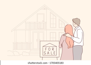 Buy, sale, house, real estate, family concept. Young sad couple in love, husband and wife characters sell, leaving their house offered for sale because of debts. Buying new real estate for family life